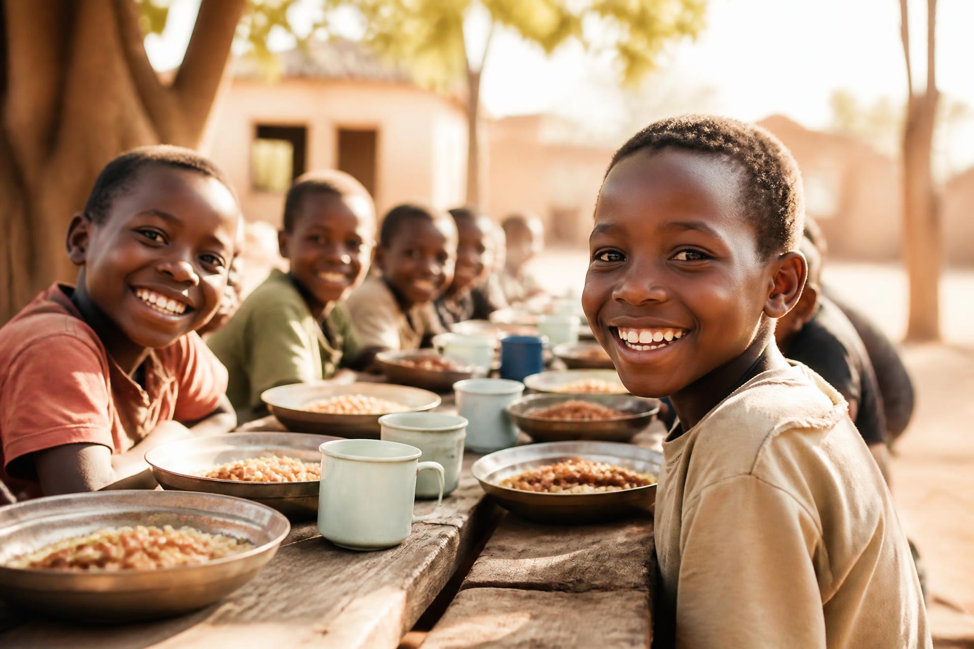 Children sharing a warm meal together at a village table